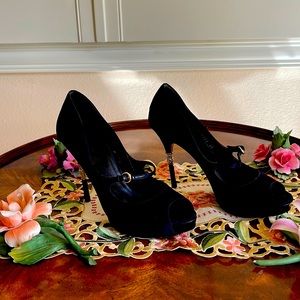 Black Gucci open toe satin platforms with Crystals inlaid in the heel